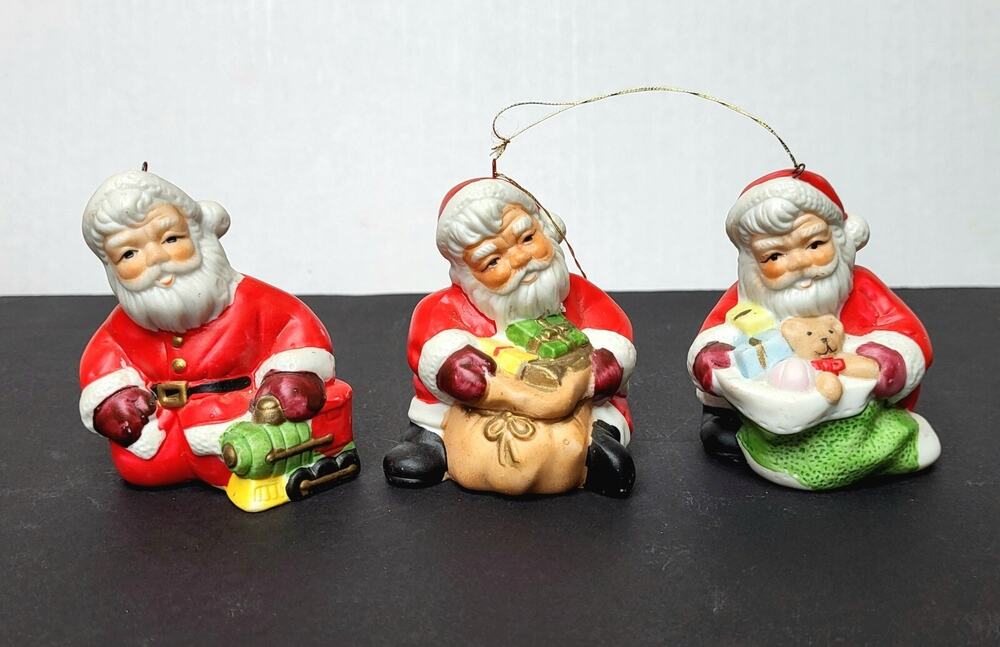 Santa Claus Ceramic 3" Hand Painted Christmas Ornaments Lot of 3 Vintage Taiwan